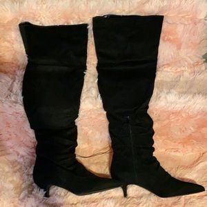 Black suede kitten heel thigh high boot